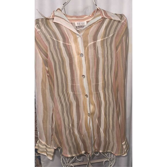 BEAUTIFUL Tess 100% Silk blouse Womens tan Stripes Classic Business Wear Oversiz - Picture 1 of 4